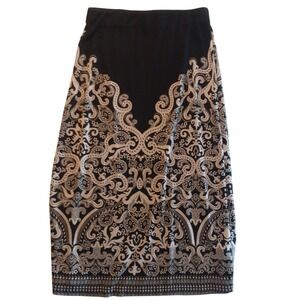 ECI‎ New York Maxi Skirt Black Beige Paisley Print Women's Size L Boho Pull On